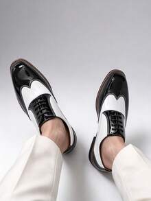 New Men's Oxford Gold & Black Colorblock Brogue Shoes, British Style Lace-Up Comfortable Pointed Toe Shoes, Back To School Footwear - Black and White - View 10