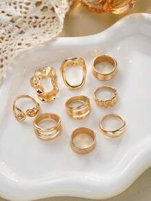9pcs Minimalist Casual Punk Vintage Old Money Style Asymmetrical Pleated Geometric Metal Rings Set For Women, Suitable For Dating, Vacation, Daily Wear, Party, Anniversary, Holiday Gift - Yellow Gold - View 3