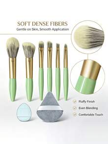 8pcs Mini Makeup Brush Set Including Sponge Powder Puff, Blush Brush, Highlighter Brush, Contour Brush, Eyeshadow Brush, Lip Brush, Full Set Of Makeup Tools, Travel Essential Makeup Brush Set - Green - View 3