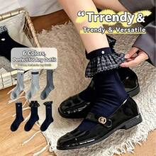 Random 1 Pair Cute Girly Plaid Lace Trim Mid-Calf Socks, Versatile Autumn/Winter Style - Multicolor - View 3