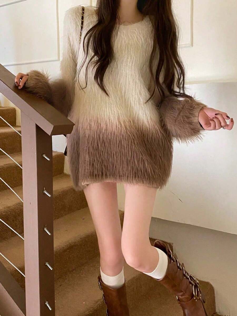 Áo len chui đầu dệt kim dáng rộng thoải mái màu gradient mềm xốp cho nữ, thu/đông - Cà phê nâu - Xem 1