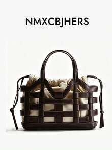 Vintage Hollow Woven Casual Shoulder Tote Bag With Drawstring Pouch, Crochet Bags - Coffee - View 1