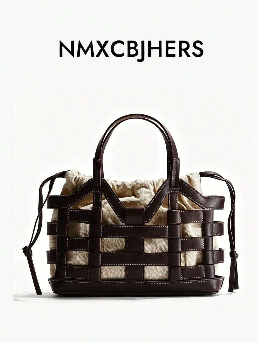 Vintage Hollow Woven Casual Shoulder Tote Bag With Drawstring Pouch, Crochet Bags - Coffee - View 1