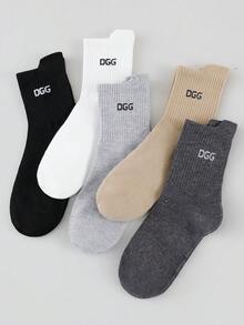 Men's 5 Pairs Random Solid Color Letter Jacquard Crew Socks, Basic Simple Breathable Mid Calf Socks For Daily Casual Wear - Multicolor - View 3
