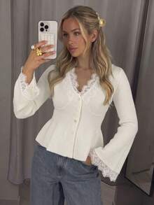 Women's Autumn/Winter Lace Trim Ruffle Hem Ribbed Knit Cardigan, Casual Daily Long Sleeve Vacation Outfit, Elegant Slim Fit Top - White - View 4