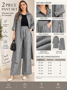 Women's Spring/Autumn Fashion Casual Lapel Long Sleeve Solid Color Top And Solid Color Pants Minimalist Daily 2-Piece Set - Grey - View 6