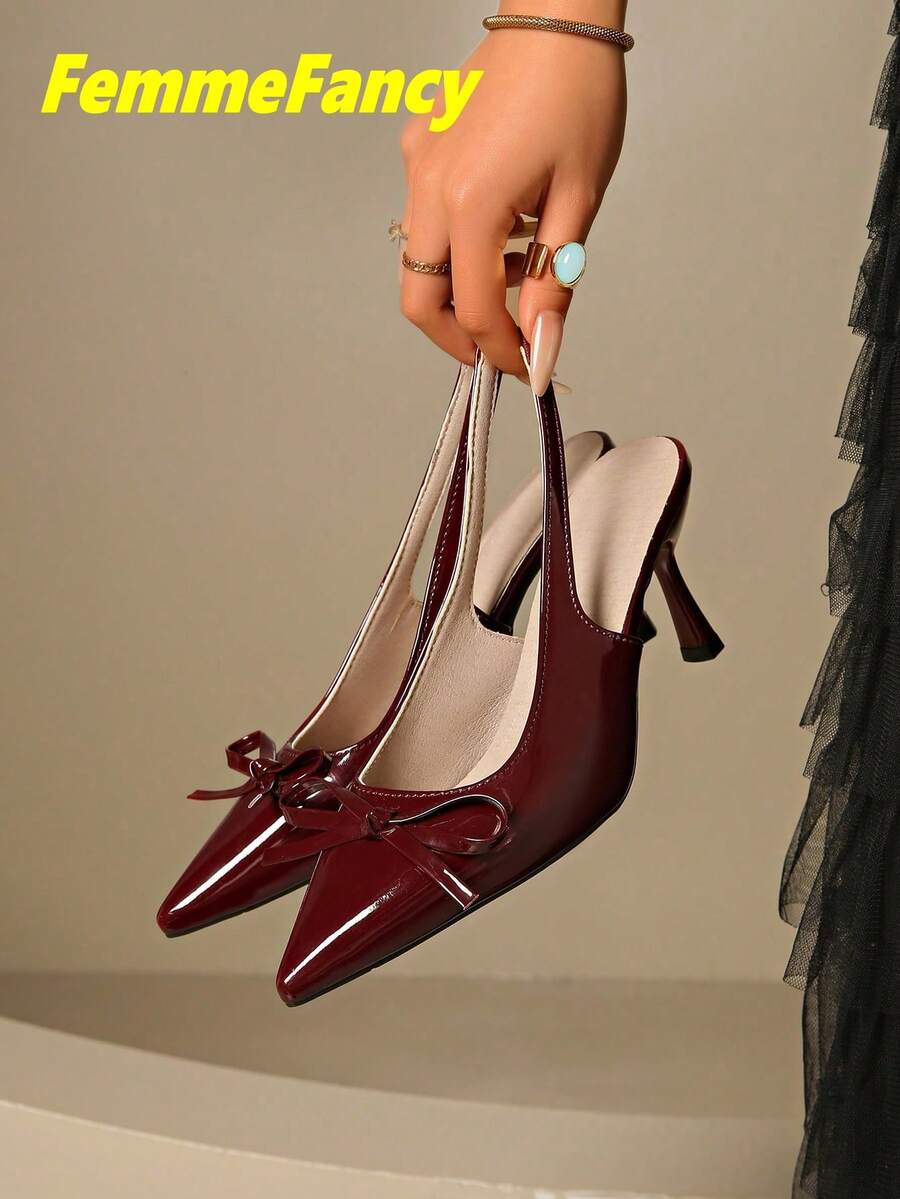 Women's Summer Solid Color Fashion Commute Bow Knot Decor Pointed Toe Stiletto High Heel Sandals With Outdoor Buckle Back Strap Red Shoes