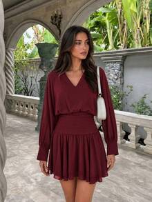 Elegant V-Neck Backless Loose Chiffon Mini Dress, Suitable For Date Night, Summer Vacation, Autumn Outings, Holidays And Countryside Activities - Burgundy - View 8