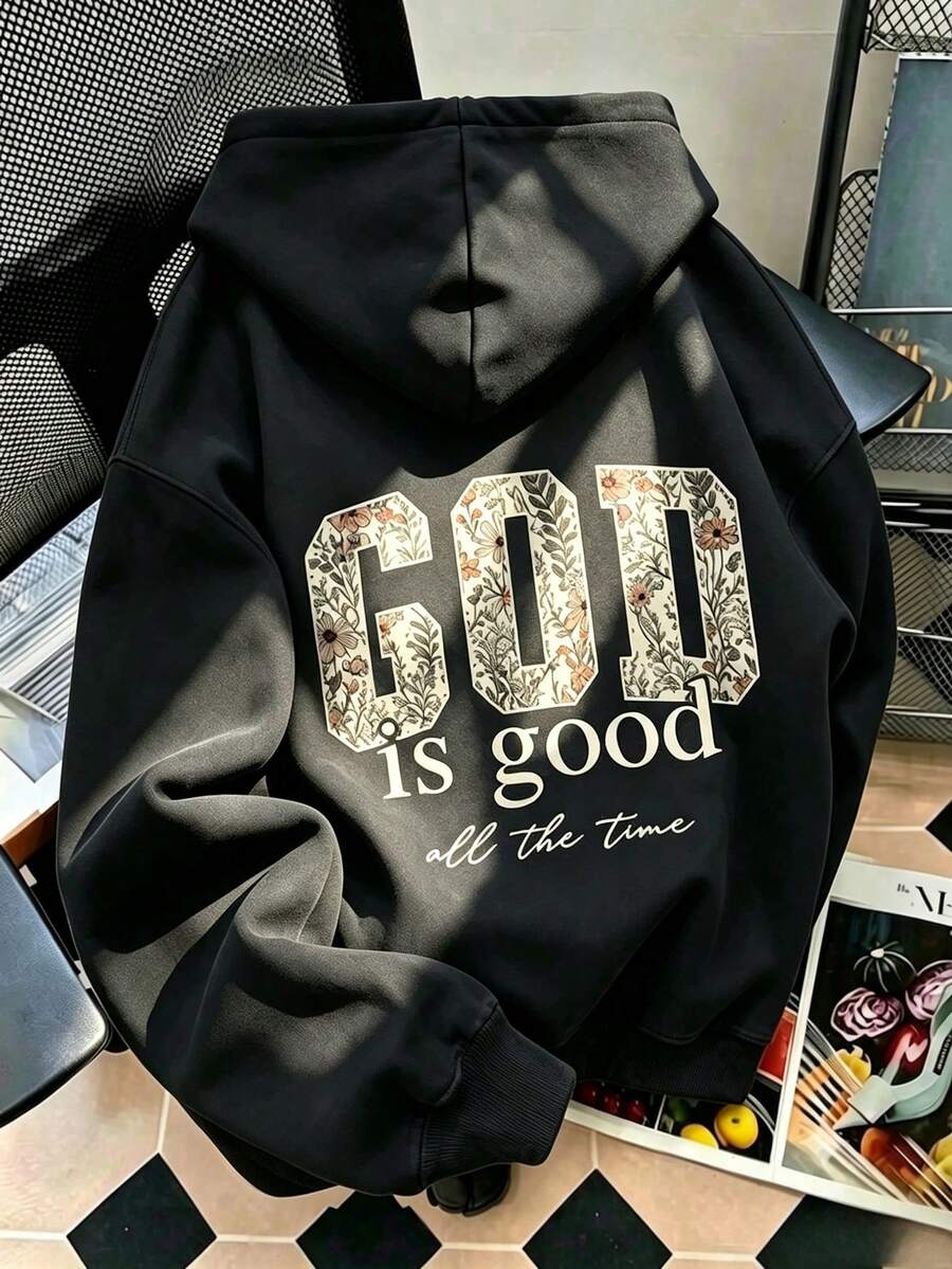 Women's Hooded Sweatshirt, New Autumn/Winter Floral Pattern & Letter Print, Drawstring Design, With Pockets, Casual Versatile Loose Top, Fashionable Daily Wear - Black - View 1