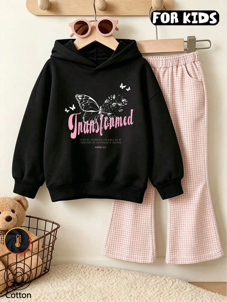 Tween Girls Butterfly Floral Letter Print Sweatshirt, Casual Long Sleeve Hooded Pullover - Black - View 1