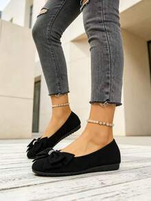 Zapatos planos de mujer de ante con hebilla cuadrada de strass y lazo, punta redonda, suela blanda, ligeros, para uso diario y desplazamientos - Negro - Ver 3