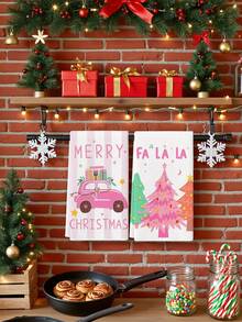 2pcs Pink Christmas Tree And Merry Christmas Print Kitchen Towels, Festive Dish Cloths, Suitable For Kitchen Cleaning & Christmas Decor - Pink - View 5