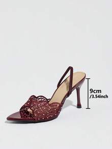 Sandal Hak Tinggi Wanita Ujung Lancip dengan Renda Jala dan Hiasan Berlian Imitasi, Hak Tinggi Warna Burgundy, Hak Tinggi Seksi dan Elegan, Cocok untuk Pesta Malam - Burgundy - View 4