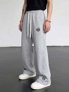 Celana Jogging Pria Gaya Amerika Santai Motif Bunga Abu-abu Kaki Lebar, Lipit 3D, Tali Serut Elastis, Panjang Hingga Lantai, Longgar, Kaki Lurus, Celana Panjang Kasual Olahraga - Light Grey - View 7