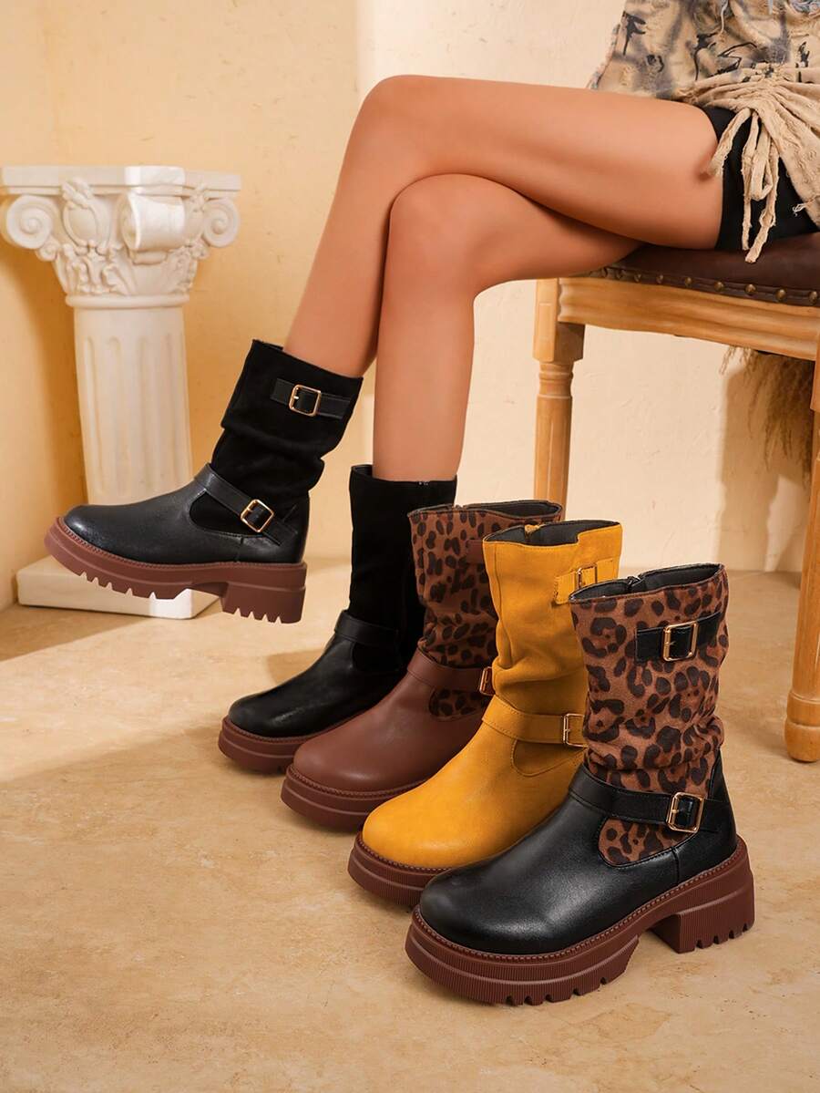 Women's Double Buckle Patchwork Slouch Mid-Calf Boots, Thick Sole Serrated Chunky Heel Side Zipper Western Style Riding Boots, 4 Colors Available For Autumn/Winter - Black - View 1