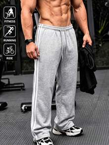 Grey Men's Loose Fit Sweatpants, Loose Fit Sweatpants, Sweatpants, Long Sweatpants, Wide Leg Sweatpants, Striped Pants, Side Stripe, Drawstring Waist, Open Hem - Light Grey - View 1