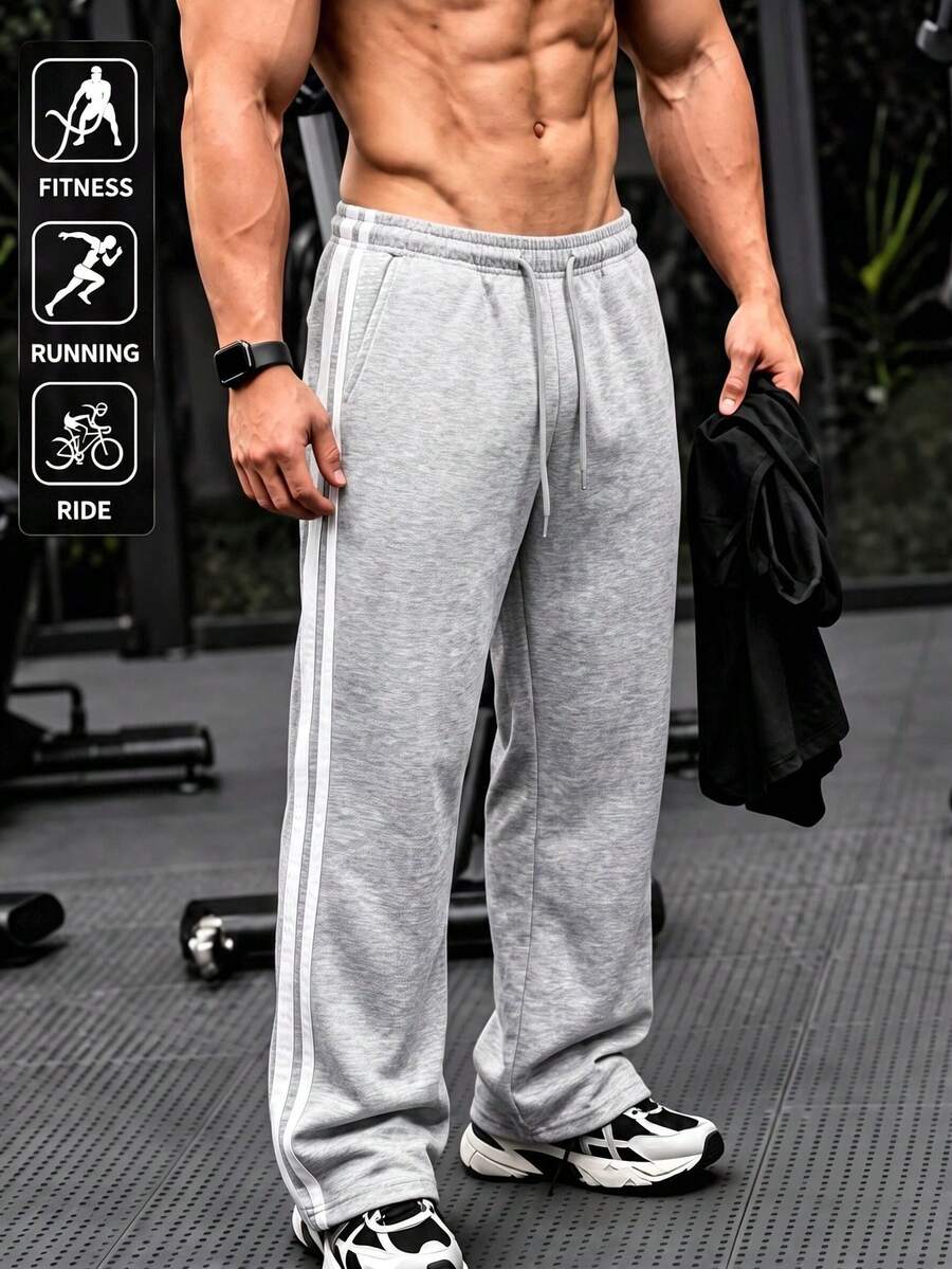 Grey Men's Loose Fit Sweatpants, Loose Fit Sweatpants, Sweatpants, Long Sweatpants, Wide Leg Sweatpants, Striped Pants, Side Stripe, Drawstring Waist, Open Hem - Light Grey - View 1