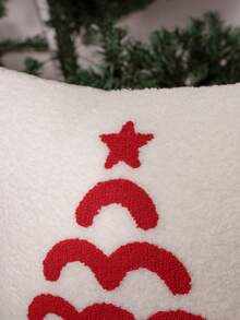 1pc Christmas Tree Embroidered Pillow Cover With Red Pom Poms, Soft Teddy Fabric Decorative Throw Pillow Case For Sofa Couch Home Xmas Decor, Cushion Cover Without Insert - Multicolor - View 6