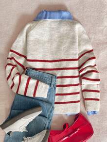 Third Introversion-Women's Knitted Striped Contrast Color Long Sleeve Cardigan Sweater, Medium Stretch Regular Fit Round Neck Knit Top, Suitable For Autumn/Winter Wear - Multicolor - View 4