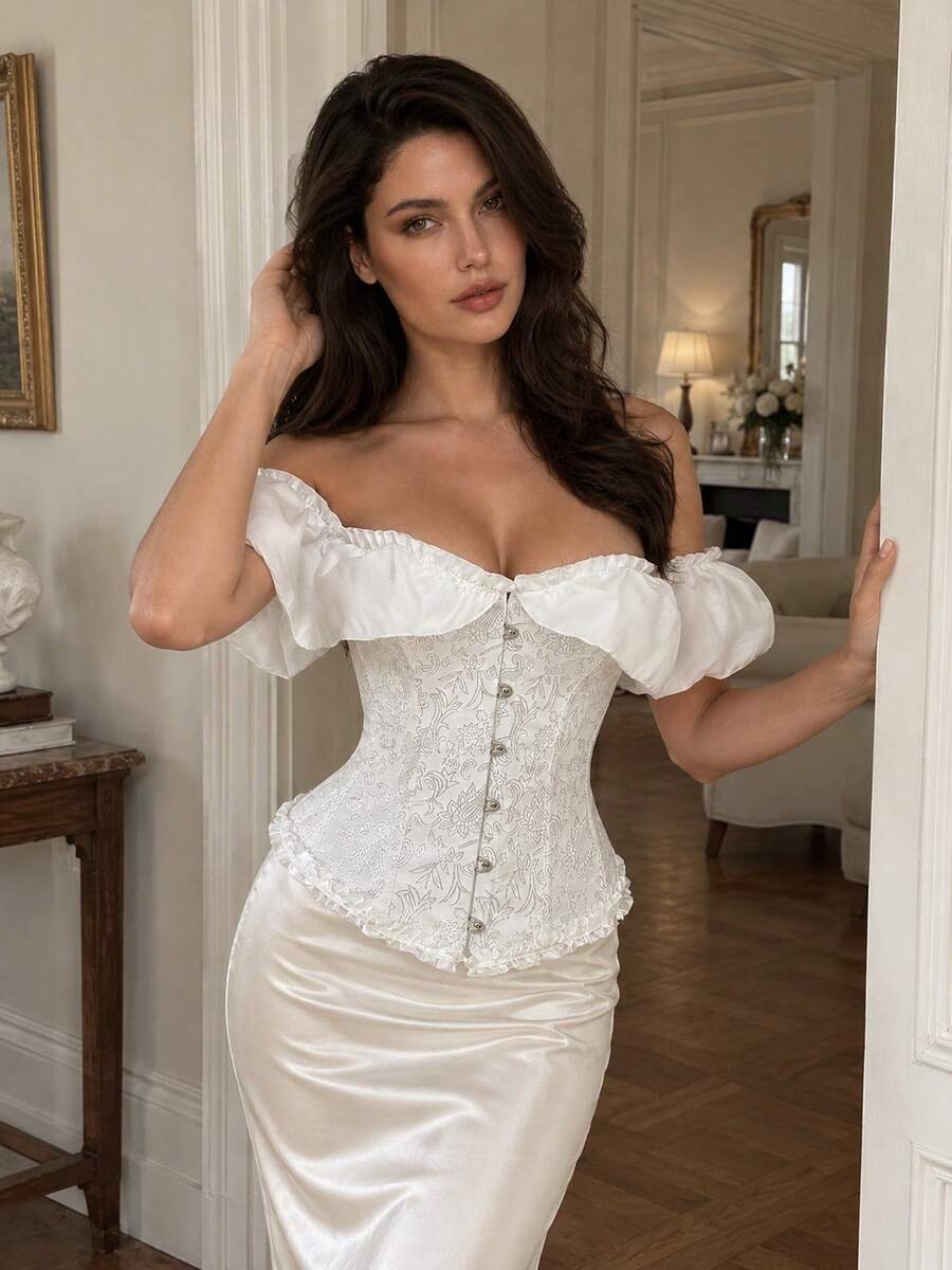 Women's White Floral Jacquard Fitted Bustier Top, Halloween Cosplay Off-Shoulder Ruffle Front Button Boned Tube Top, Slim Fit Party Outing Top - White - View 1