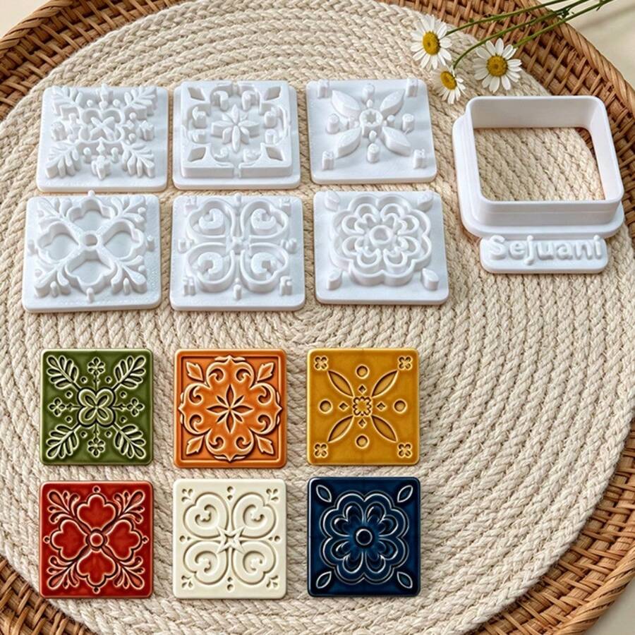 8pcs Square Vintage Tile Shape Clay Cutters, Floral Embossing Molds, DIY Handmade Earring Pendant Jewelry Craft Supplies - 8pcs - View 1