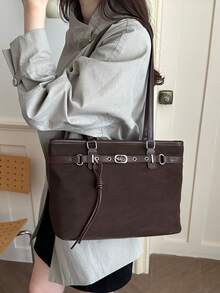 Large Capacity Tote Bag, Commuter Style Women's Fashion Shoulder Bag - Coffee Brown - View 3