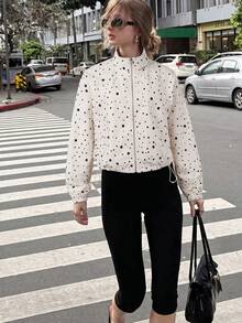 Jaket Pendek Wanita Asimetris Motif Polkadot dengan Resleting, Kerah Tegak, Manset Elastis, dan Tali Serut di Bagian Bawah, Lengan Panjang, Jaket Kasual Pendek - MultiWarna - View 6