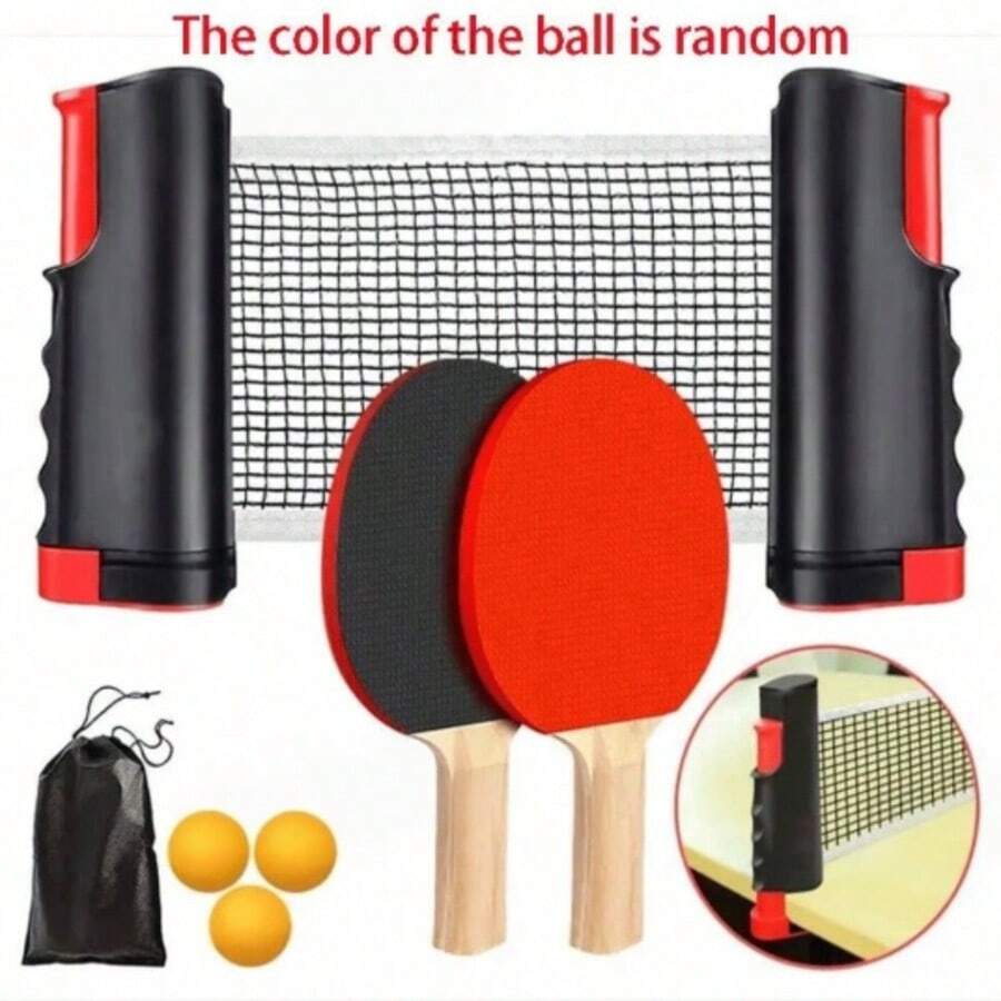 1/2 Set, Juego de Tenis de Mesa Portátil Todo en Uno: Configuración Rápida, Paletas, Pelotas y Red Expandible, Conveniente para Entretenimiento Interior/Exterior, Color de Pelota Aleatorio - Negro - Ver 1