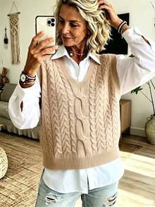 NZZOF Women's Cable Knit V-Neck Chunky Vest (Shirt Not Included) - Apricot - View 4