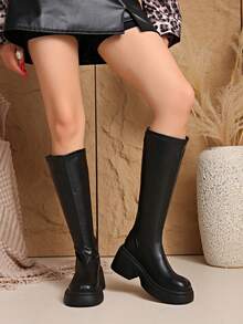 New Thick-Sole Chunky Leg Tall Boots With Elastic, Don't Drop Cuff, Autumn/Winter,Women Boots - Black - View 6