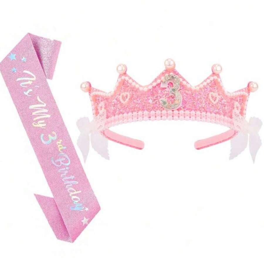 Birthday Crown Headband And Shoulder Strap Set, Pink Glitter Pearl Princess Crown With Lace Bow, Birthday Party Decoration Accessories - Multicolor - View 1