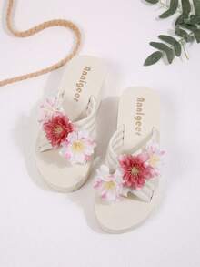 Spring Summer Cross Strap Floral Decor Fairy Style Thick Sole Slippers For Women, Outdoor Beach Vacation EVA Wedge Heel Platform Sandals For Ladies - Beige - View 4