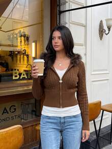 Women's Knitted Off-Shoulder Polka Dot Long Sleeve Pullover Sweater, Suitable For Autumn Wear - Brown - View 1