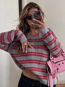 Aflion Women's Fall Winter Grey Red Striped Cropped Knit Sweater, Crew Neck Drop Shoulder Long Sleeve With Pocket, Ribbed Loose Casual Top For Daily Wear - Multicolor - View 3