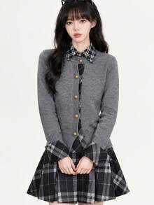 2026年春秋新款 韓国風 女性用ニットカーディガン 仮二層構造 グレーチェック柄 上品な雰囲気 着丈が短いデザイン 柔らかい素材 快適な着心地 - グレー - チェックする 4
