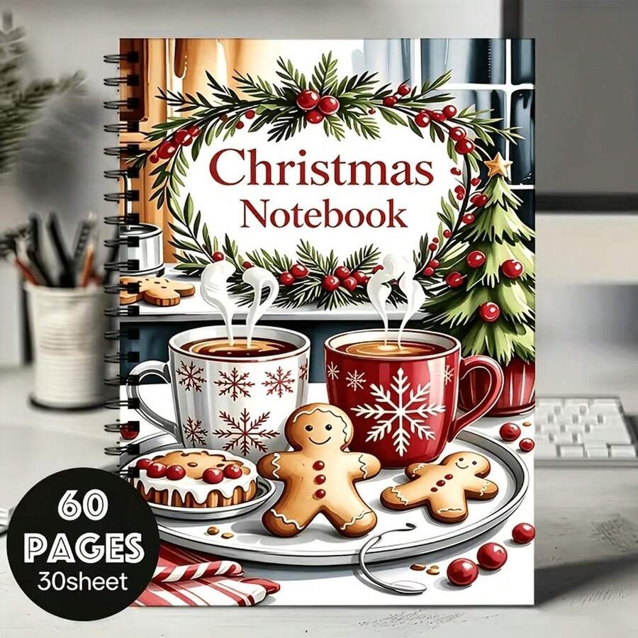 1pc Fun Recipe Blank Lined Notebook, 30 Sheets/60 Pages, Christmas White Holiday Table Theme, Suitable For School, Home Recording, Office Use, Perfect Christmas Birthday Gift - one-size - View 1