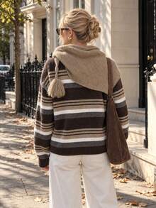 Women's Striped Knit Sweater With Drop Shoulder, Cozy Fall Winter Round Neck Pullover Top With Medium Stretch Fabric For Everyday Comfort - Multicolor - View 2