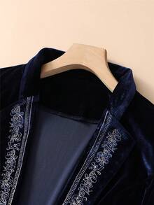 Women's Velvet Blazer Jacket With Floral Embroidery On Collar And Cuffs, Long Sleeve, Slim Fit, Open Front, Versatile Commuter Top For Autumn/Winter - Navy Blue - View 5