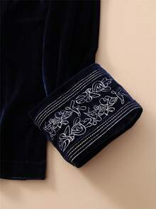 Women's Velvet Blazer Jacket With Floral Embroidery On Collar And Cuffs, Long Sleeve, Slim Fit, Open Front, Versatile Commuter Top For Autumn/Winter - Navy Blue - View 10