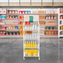 4-Tier Freestanding Snack Display Rack, White Iron PP Retail Storage Shelf With 10 Hooks, 10kg Per Tier Load, Rectangular Merchandise Organizer For Shop Home Cafe - View 1