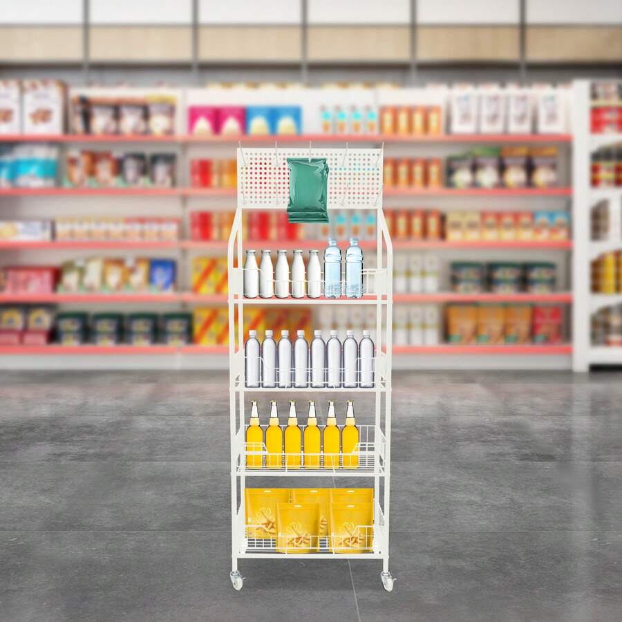 4-Tier Freestanding Snack Display Rack, White Iron PP Retail Storage Shelf With 10 Hooks, 10kg Per Tier Load, Rectangular Merchandise Organizer For Shop Home Cafe - View 1