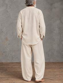 GOLDREDY Minimalist Men's V-Neck Casual Loose Pullover Long Sleeve Top And Wide Leg Pants 2 Pieces Set - Apricot - View 2