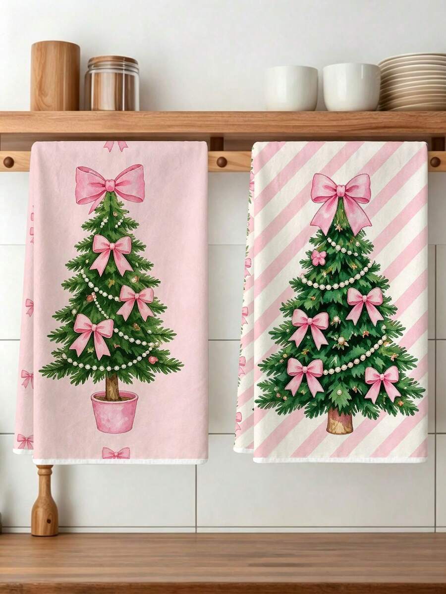 Multiple Kitchen Absorbent Towels, Made Of Polyester Material, Printed With Christmas Tree And Bow Pattern, Suitable For Kitchen And Bathroom, Ideal Choice For Housewives And Family Gatherings, High Cost-Performance Home Decor And Room Decoration Item - Multicolor - View 1