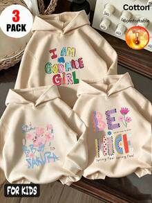Autumn/Winter 3 Pieces Set Girls Fleece Hooded Sweatshirt Long Sleeve Colorful Letter Cartoon Print Y2K Style - Apricot + Apricot + Apricot - View 1