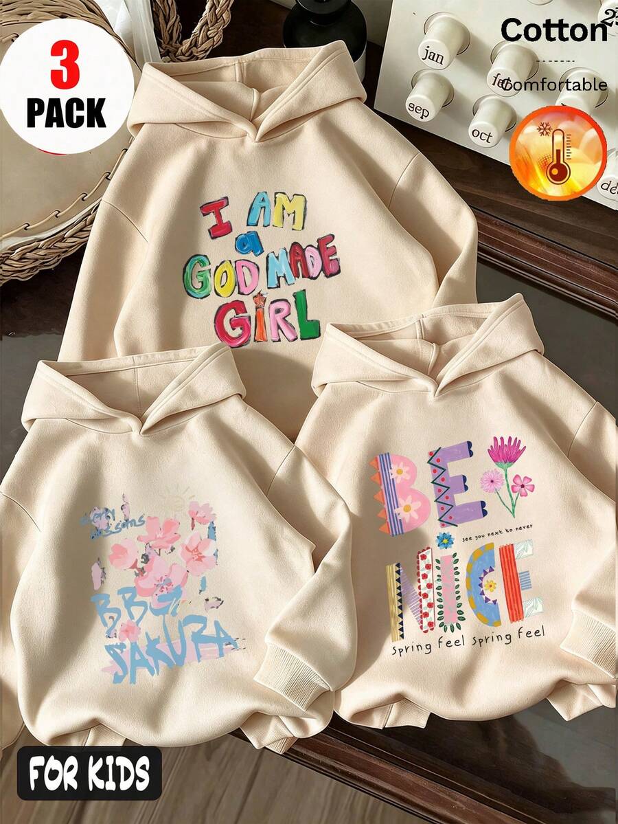 Autumn/Winter 3 Pieces Set Girls Fleece Hooded Sweatshirt Long Sleeve Colorful Letter Cartoon Print Y2K Style - Apricot + Apricot + Apricot - View 1