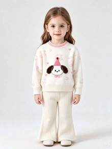 WUHUANG YIYI Girls 2pcs Set: Cream White Contrast Collar Sweatshirt With Puppy Applique, Star Moon Cartoon Animal Print, Long Sleeve Knit Pullover Sweatshirt And Beige Vertical Ribbed Knit Flared Pants, Sweet Cute Style For Autumn/Winter - White - View 3