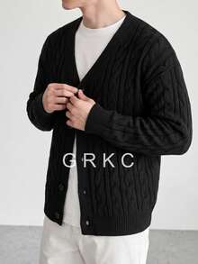 GRKC Men's Loose Cardigan Sweater, Street Style American Casual Lazy Commute Versatile Autumn/Winter - Black - View 3