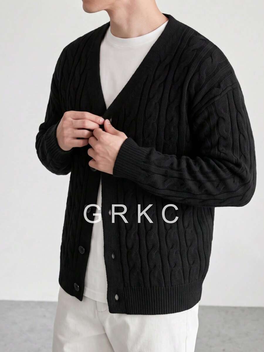 GRKC Men's Loose Cardigan Sweater, Street Style American Casual Lazy Commute Versatile Autumn/Winter - Black - View 1
