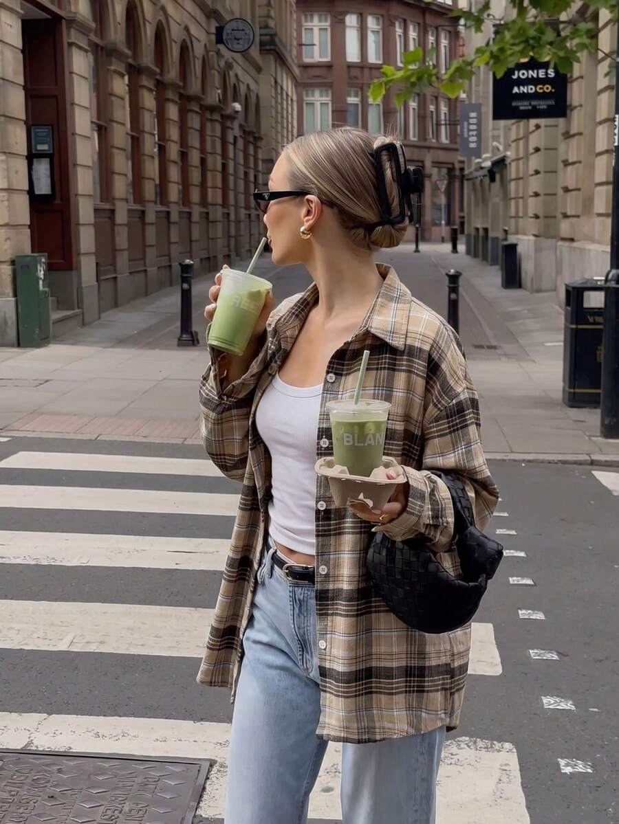 Women's Vintage Plaid Long Sleeve Button-Up Shirt, Street Style Casual Daily Commute Fashion Versatile Outfit, Suitable For Autumn/Winter - Khaki - View 1
