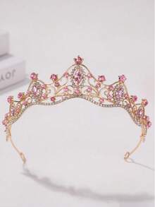 1 pieza Diadema de moda para mujer con corona 3D de princesa, dulce y lujosa, con strass, accesorio para el cabello de cumpleaños - rosa - Ver 1